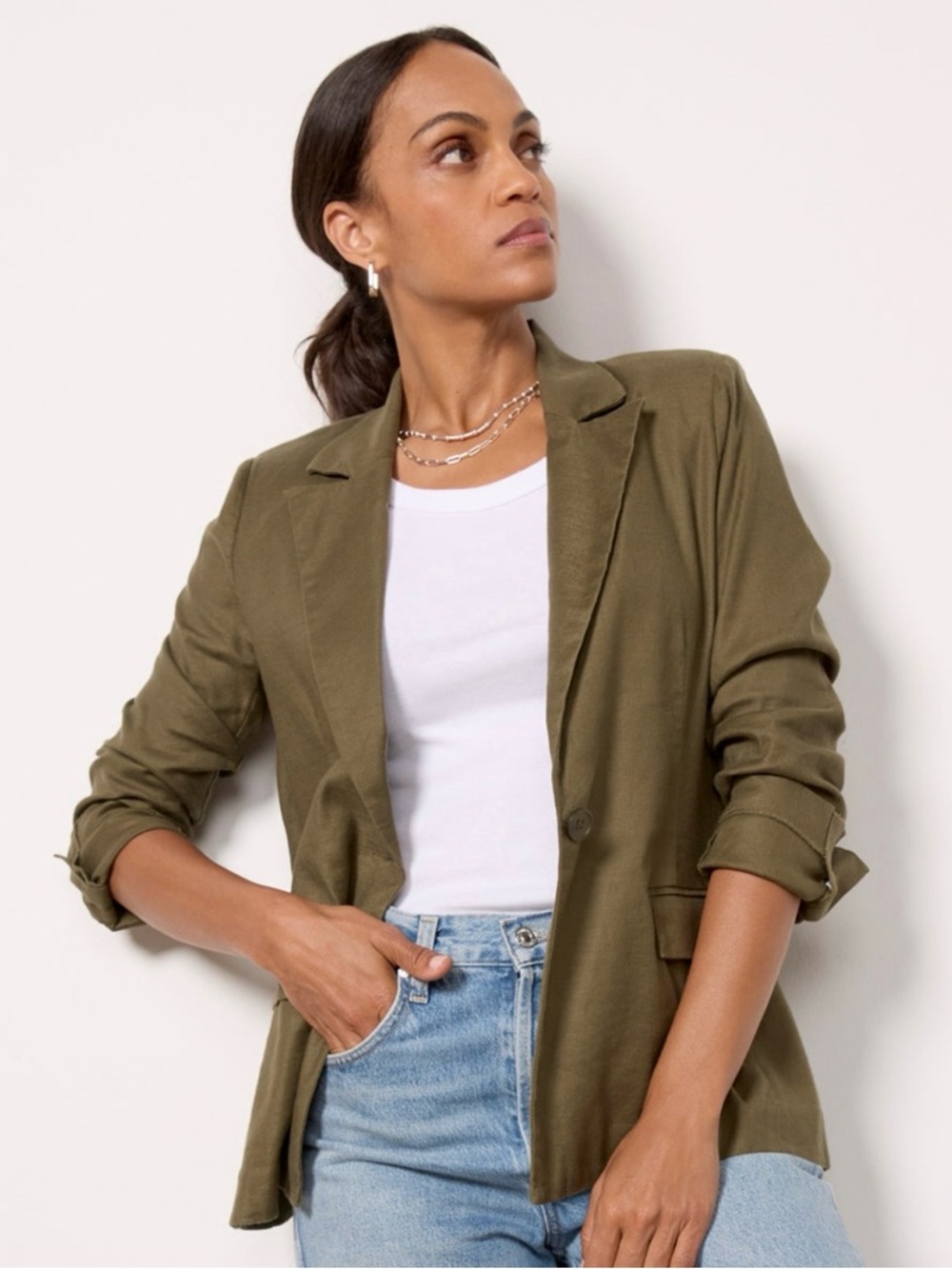 Evereve Perry Linen Blend Single-Breasted Relaxed Fit Blazer in Olive size M